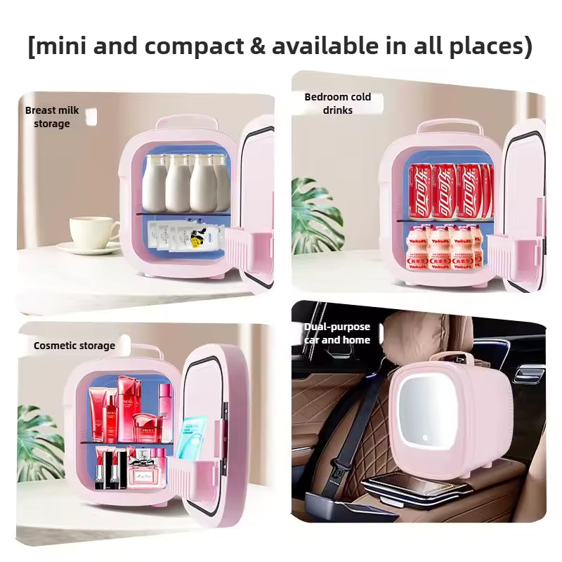 Refrigerador portátil para el cuidado de la piel con espejo de tocador LED, almacenamiento de cosméticos 3