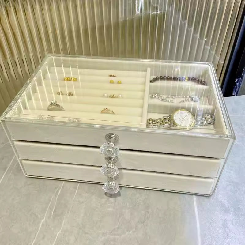 Caja de almacenamiento de joyas de terciopelo acrílico, a prueba de polvo, antioxidante, para collares, pendientes, anillos, organizador, estuche de viaje, joyero