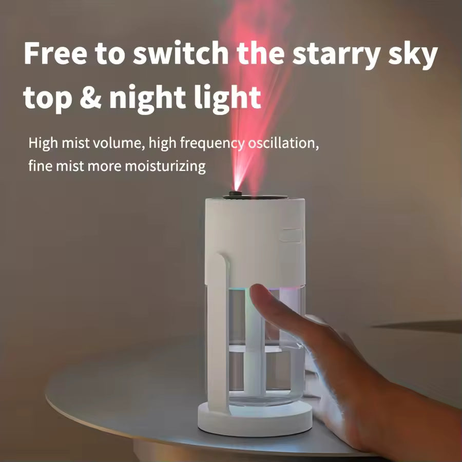 Mini humidificador de aire alimentado por USB con proyector de estrellas y luz nocturna, 2 modos de niebla, humidificador portátil silencioso para el hogar y el coche