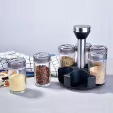 Juego de botellas de especias giratorias, estante de almacenamiento de condimentos de vidrio para sal, azúcar, pimienta, organizador de cocina