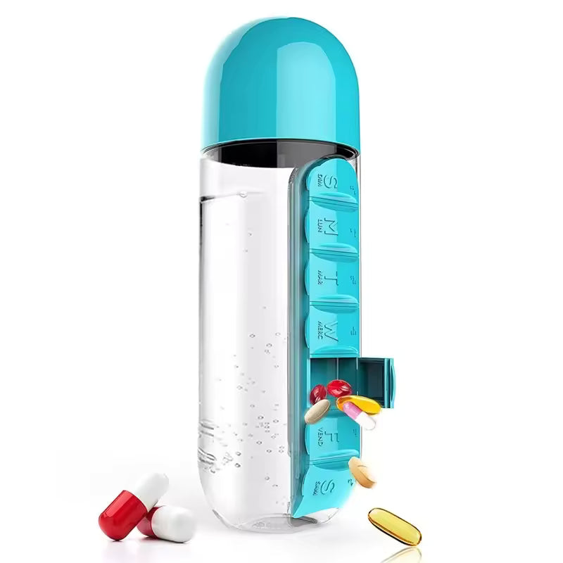 Pastillero de siete días, botella de agua deportiva de 600ml