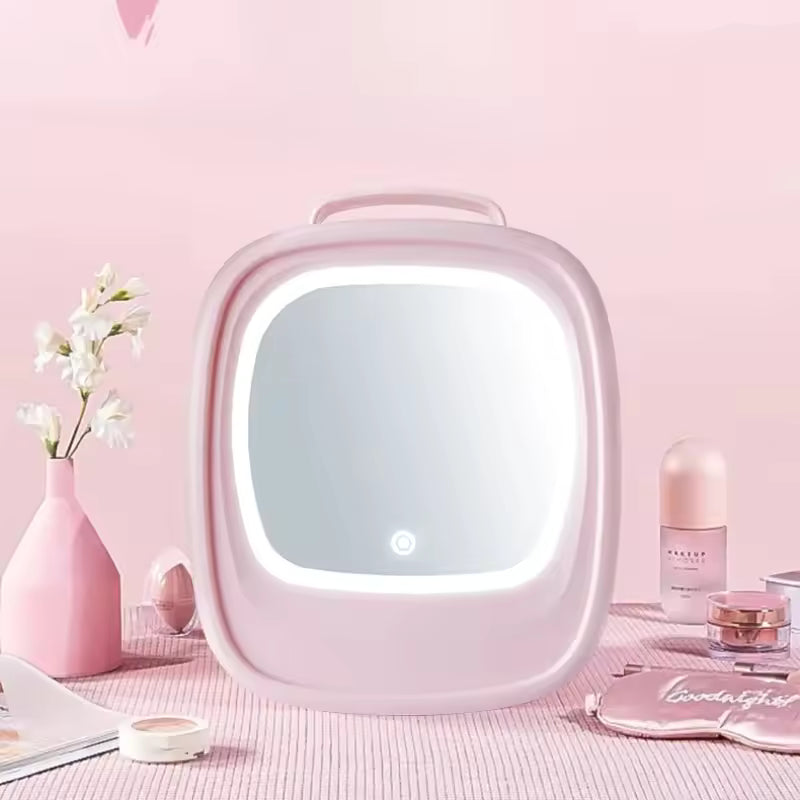 Refrigerador portátil para el cuidado de la piel con espejo de tocador LED, almacenamiento de cosméticos
