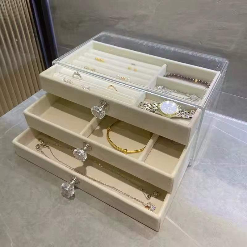 Caja de almacenamiento de joyas de terciopelo acrílico, a prueba de polvo, antioxidante, para collares, pendientes, anillos, organizador, estuche de viaje, joyero