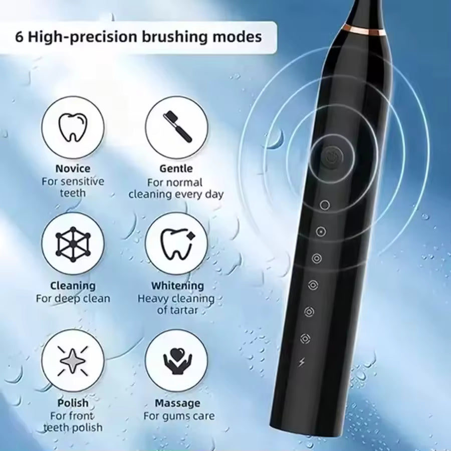 Cepillo de dientes eléctrico sónico para adultos, cabezal de cepillo DuPont impermeable IPX7, recargable por USB, limpieza de alta frecuencia, 6 modos de limpieza